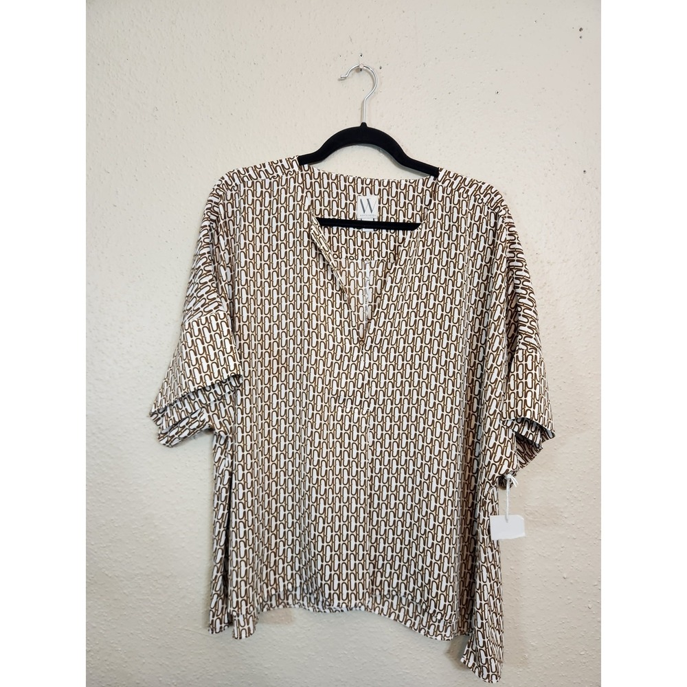 Worthington Womens XL Brown Geometric Chain Link V-Neck Short Sleeve Blouse Top